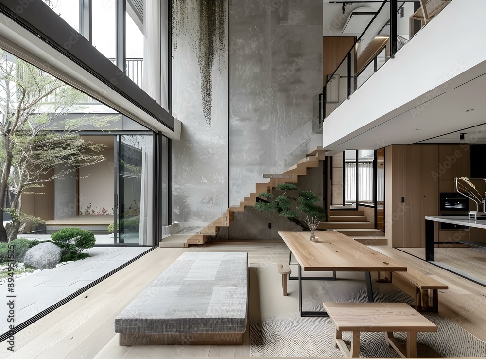 Fototapeta premium Modern Minimalist Interior Design With Wooden Floor And Staircase
