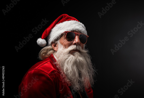 Smiling Santa Claus with sunglasses and a red jacket against a black background