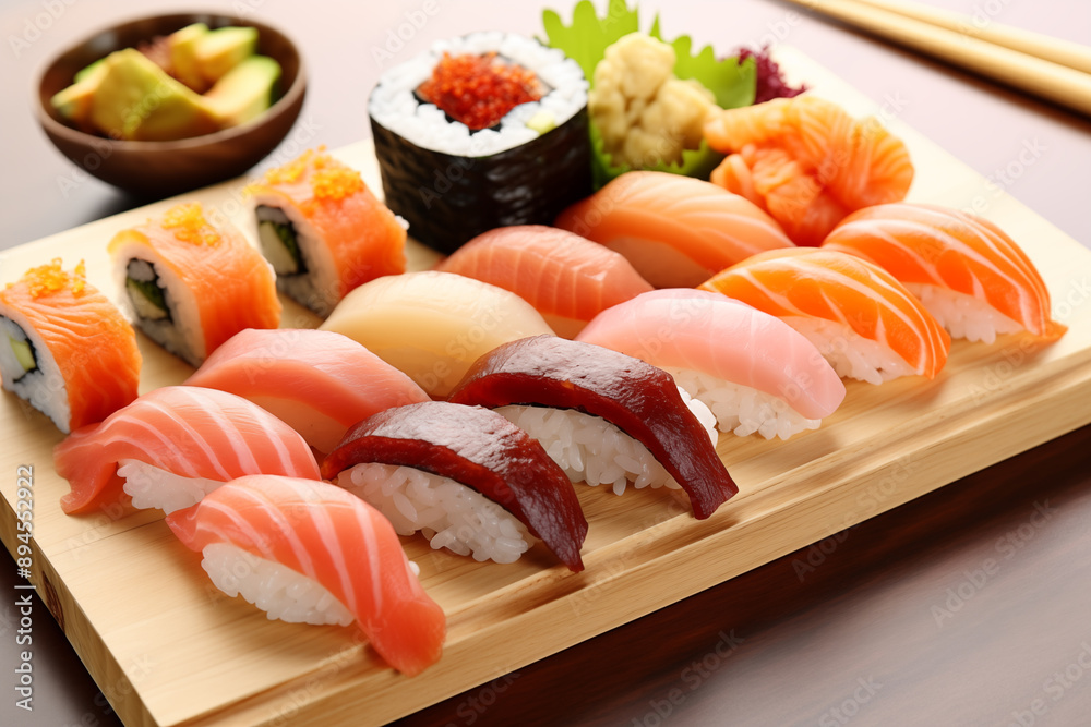 Beautiful arranged sushi platter with various sushi on maki roll on light wooden board on wood table with natural window light izakaya style food photography concenpt Beautiful arranged sushi platter with various sushi on maki roll on light wooden board on wood table with natural window light izakaya style food photography concenpt