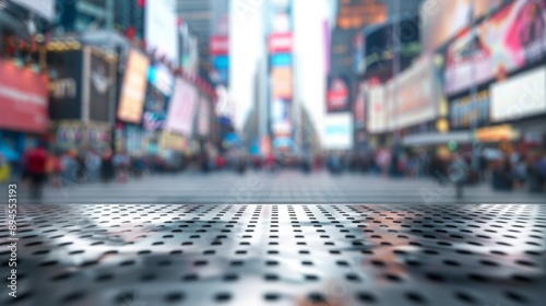 A metal surface with a grid pattern is positioned in front of a blurred background of Times Square, New York City.