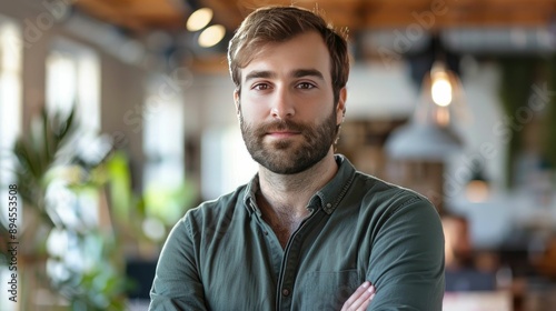 Professional portrait with soft natural light and blurred office background © pamungkas