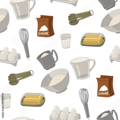 pattern with images of the main baking ingredients is a paper bag with sugar, a measuring cup, a fresh chicken egg, a whisk, a glass of milk, measuring spoons, butter. Seamless kitchen illustration