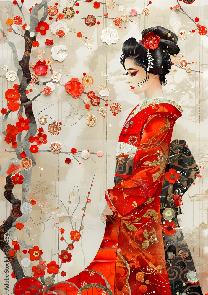 Obraz premium Geisha in Red Kimono with Plum Blossoms