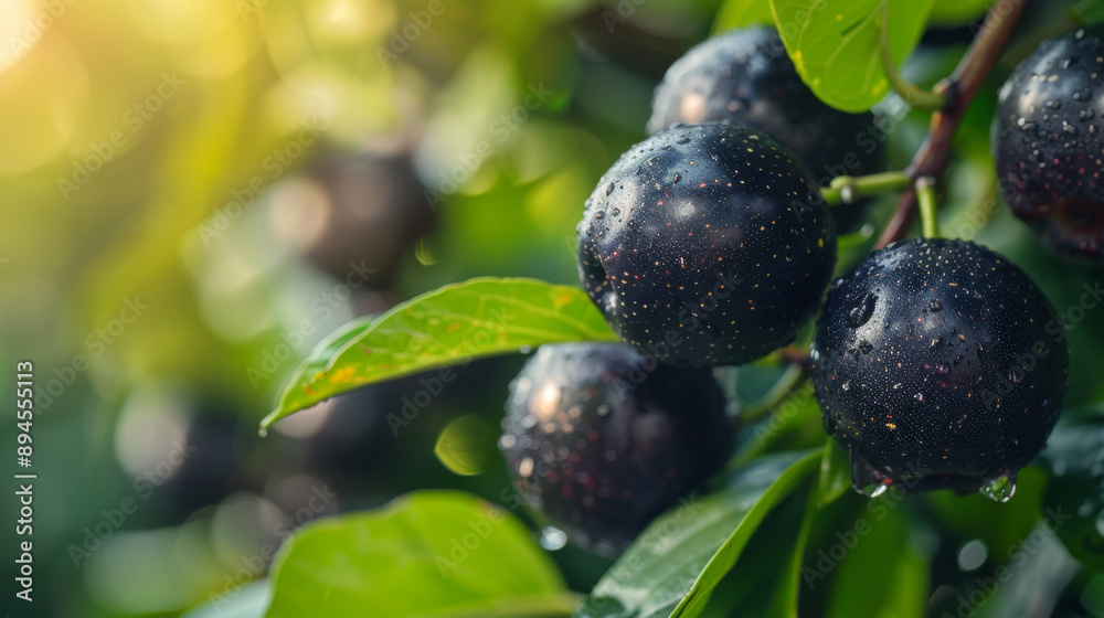 Close-up of fresh, ripe jaboticaba fruits with dewdrops hanging on a branch, surrounded by lush green leaves. Close-up of fresh, ripe jaboticaba fruits with dewdrops hanging on a branch, surrounded by lush green leaves.
