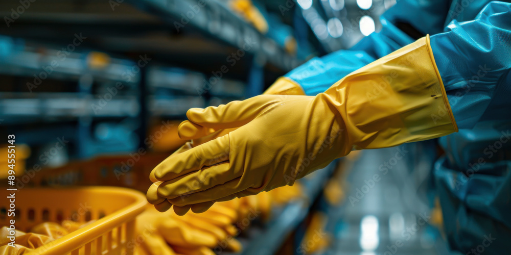 Close-up of a worker's hands wearing yellow gloves in a warehouse setting, highlighting safety, manual labor, and industrial environment. Close-up of a worker's hands wearing yellow gloves in a warehouse setting, highlighting safety, manual labor, and industrial environment.