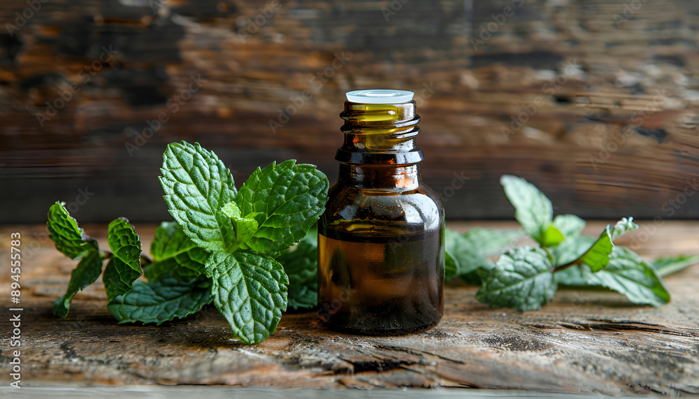 Essential oil of peppermint in a small brown bottle with fresh green mint, rustic style, vintage wooden background Essential oil of peppermint in a small brown bottle with fresh green mint, rustic style, vintage wooden background