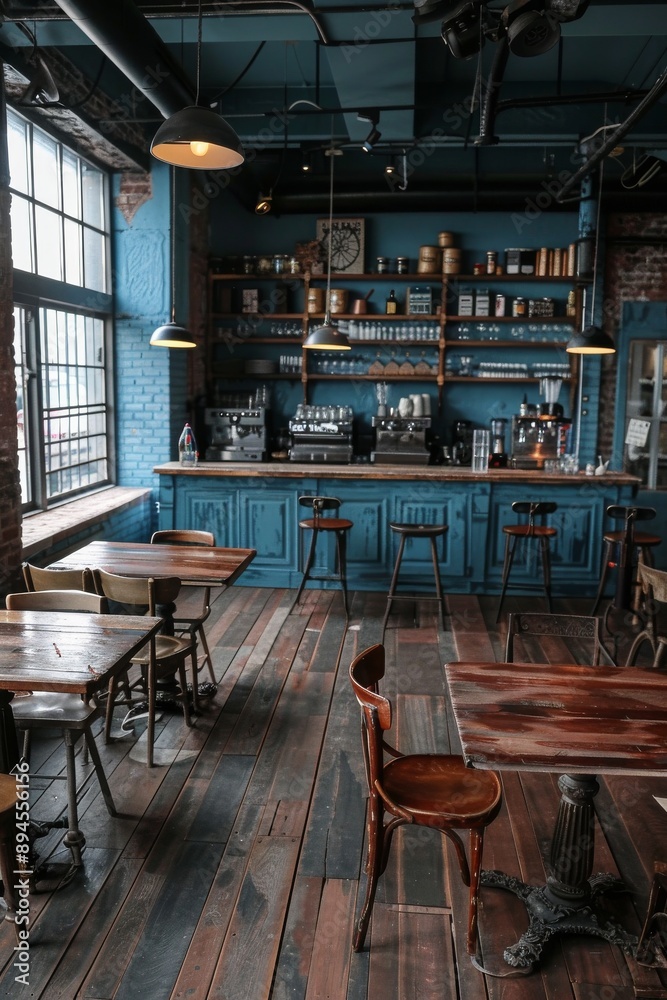 Retro bar interior with wooden tables and chairs in loft style. Retro bar interior with wooden tables and chairs in loft style.