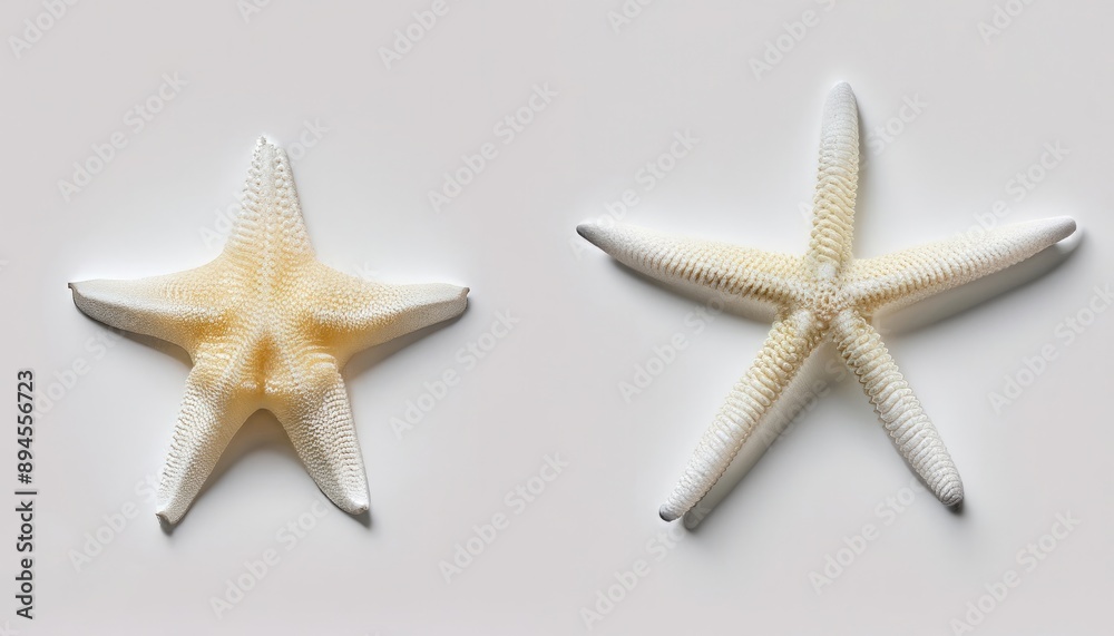 Closeup view of two starfish on a white background, showcasing their natural textures and patterns Closeup view of two starfish on a white background, showcasing their natural textures and patterns