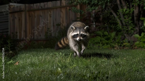 Raccoon Sprinting in Suburban Backyard at Night, Wildlife Photography for Nature Enthusiasts and Educational Use photo