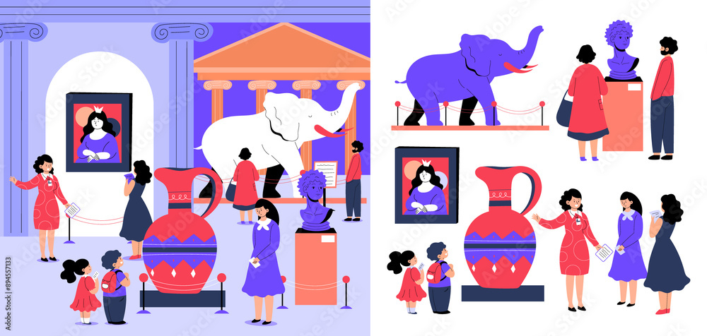 Fototapeta premium Hand drawn flat international museum day icons with illustration set