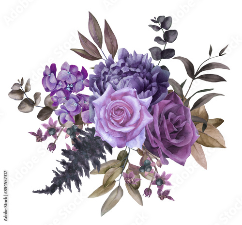Purple floral border watercolor, gothic arrangement, dry leaves, Halloween flowers