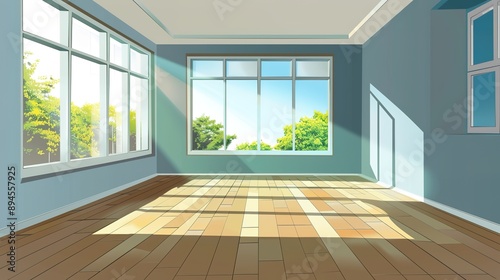 Empty Living Room with Walls, Floors, and Windows Only - Wallpaper Vector Illustration
