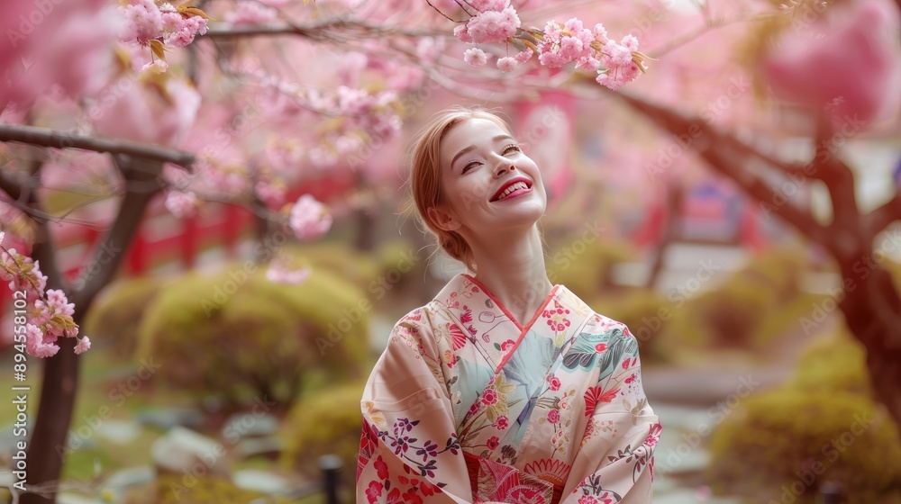 Woman in a traditional kimono smiling and surrounded by pink cherry blossoms Woman in a traditional kimono smiling and surrounded by pink cherry blossoms