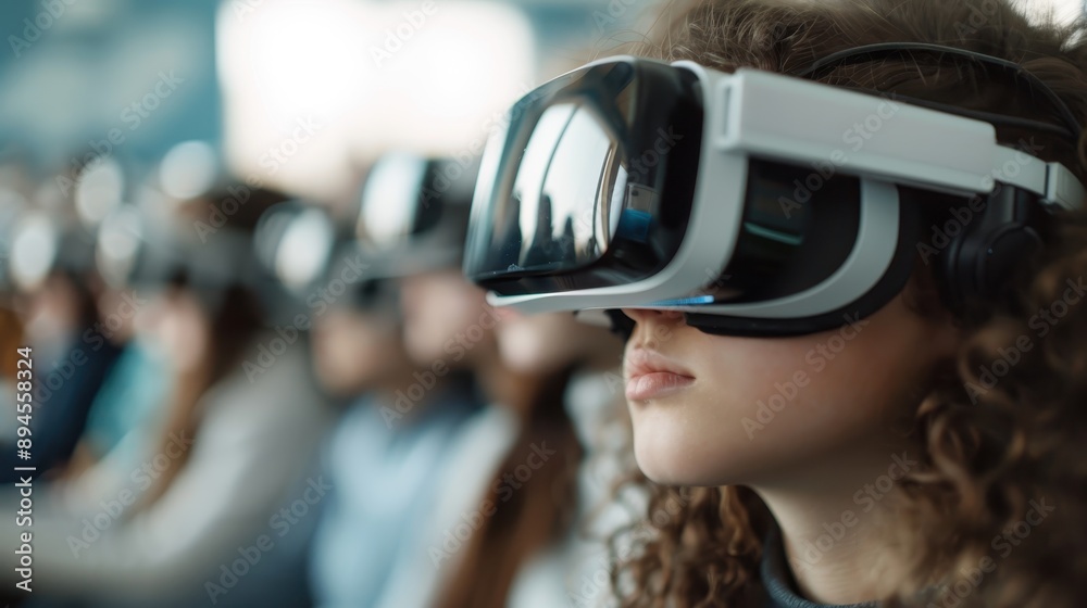 Several students seated in a row, all equipped with VR headsets, deeply focused on a virtual reality lesson, highlighting the integration of advanced technology in modern classrooms. Several students seated in a row, all equipped with VR headsets, deeply focused on a virtual reality lesson, highlighting the integration of advanced technology in modern classrooms.