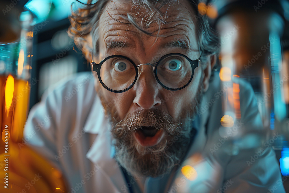 Mad crazy funky scientist in his laboratory with messy hair making research, Generative AI Mad crazy funky scientist in his laboratory with messy hair making research, Generative AI