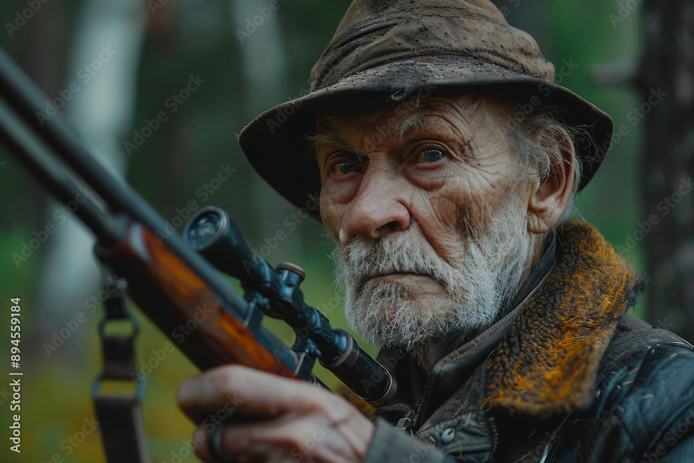 Obraz premium Hunter male female shooting from rifle gun in woods safari hunting season, Generative AI