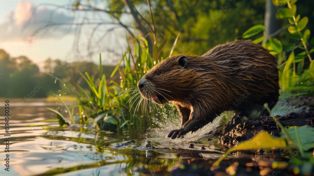 Beaver Running Along Riverbank in Nature at Sunset, Wildlife Photography for Stock Use, Landscape Design for Print, Card, Poster Beaver Running Along Riverbank in Nature at Sunset, Wildlife Photography for Stock Use, Landscape Design for Print, Card, Poster