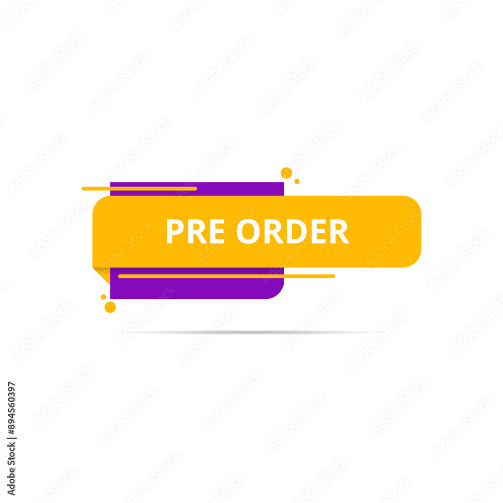 Pre order sticker, web label button with speech bubble design, yellow or gold and purple Pre order sticker, web label button with speech bubble design, yellow or gold and purple