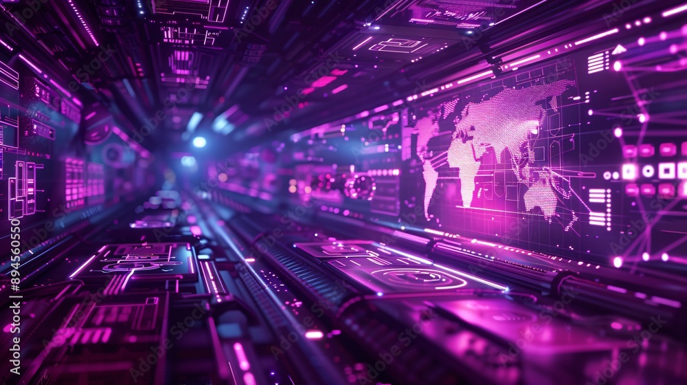 Futuristic Circuit Board with Glowing Purple Lights, Advanced Digital Technology, High-Tech Electronic Components, Cyberpunk Aesthetic, Modern Circuitry and Innovation in Electronics Futuristic Circuit Board with Glowing Purple Lights, Advanced Digital Technology, High-Tech Electronic Components, Cyberpunk Aesthetic, Modern Circuitry and Innovation in Electronics