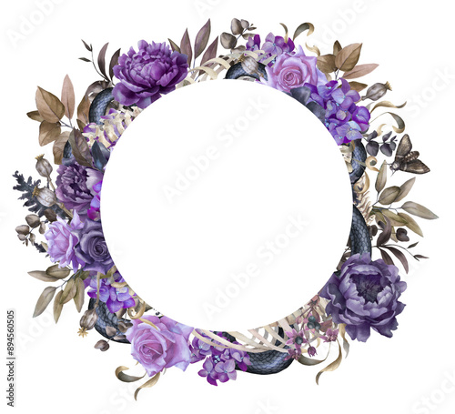 Purple floral border watercolor, gothic arrangement, dry leaves, Halloween flowers