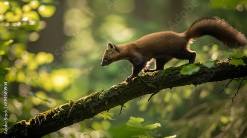 Pine Marten Running Along Mossy Tree Branch in Lush Forest photo