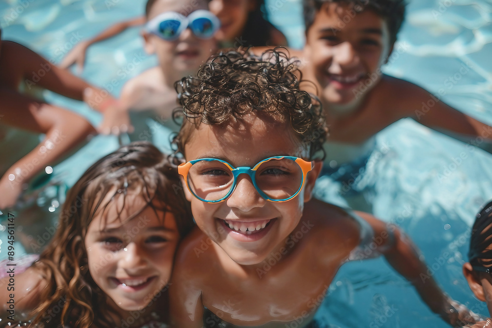 Obraz premium Happy full young family members with kids resting by the beach summer vacation time, Generative AI