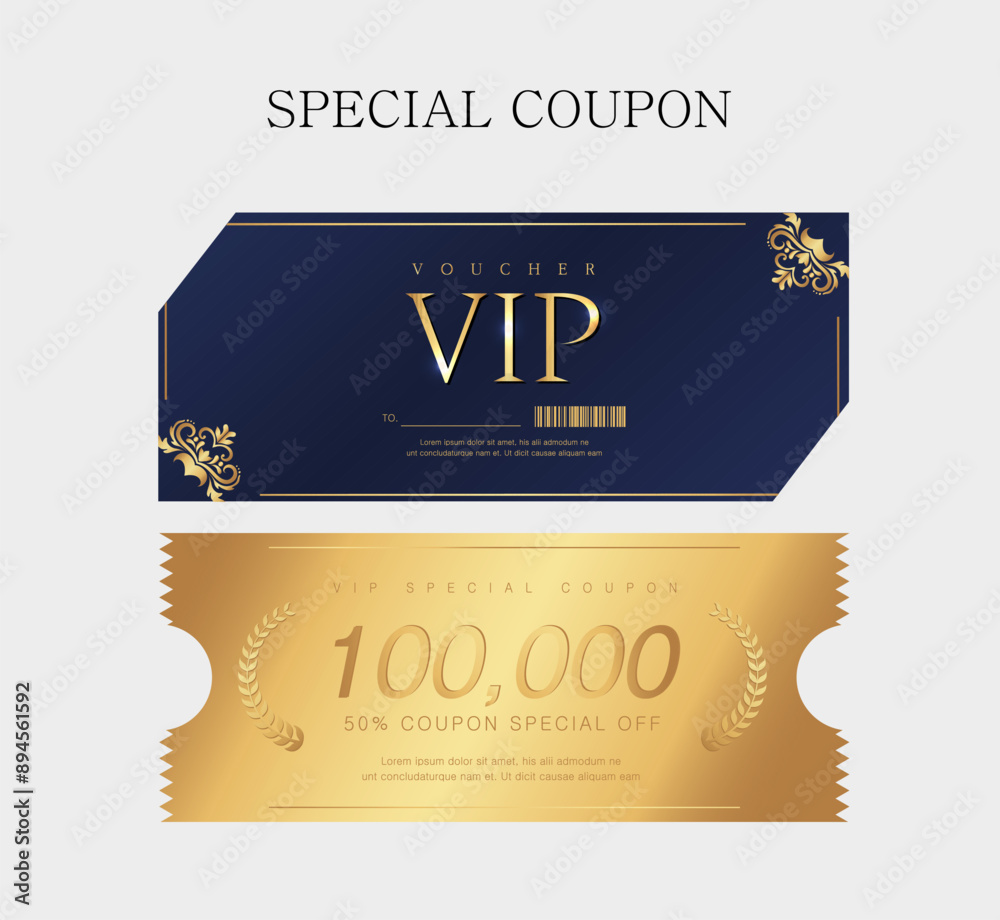 Naklejka premium Vector set of luxury gift vouchers with golden ribbons. Elegant template for holiday gift cards, coupons, and certificates with a beige background. Isolated from the background.