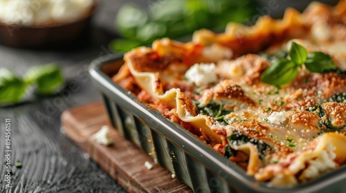 A baking pan filled with delicious lasagna, showcasing layers of pasta, hearty meat sauce, fresh spinach, ricotta cheese, and topped with basil and crispy cheese edges. photo