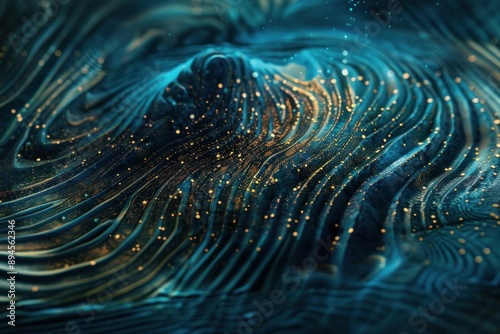 Elegant abstract image with swirling blue and gold tones evoking cosmic scenes