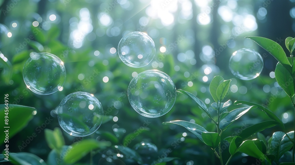 Sunlight Through the Trees, Soap Bubbles Floating in Green Forest, Abstract Nature Background Sunlight Through the Trees, Soap Bubbles Floating in Green Forest, Abstract Nature Background