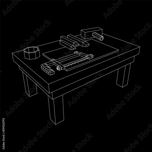 Craft carpentry workbench workshop interior. Wireframe low poly mesh vector illustration