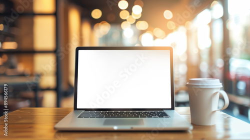 Blank Screen Laptop on Coffee Shop Table