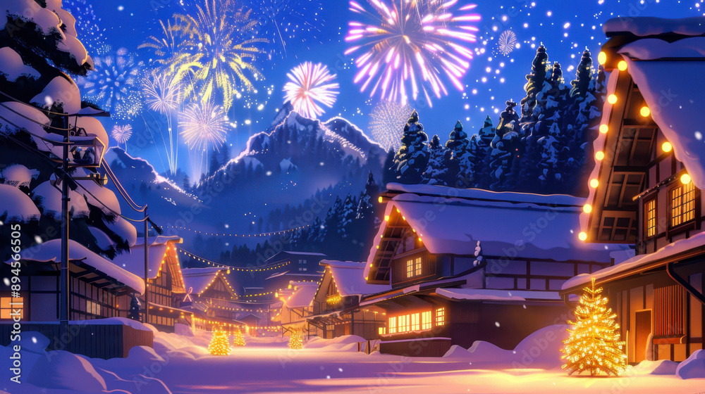 Fototapeta premium Festive winter village illuminated with colorful lights and fireworks in the night sky, surrounded by snow-covered mountains and trees
