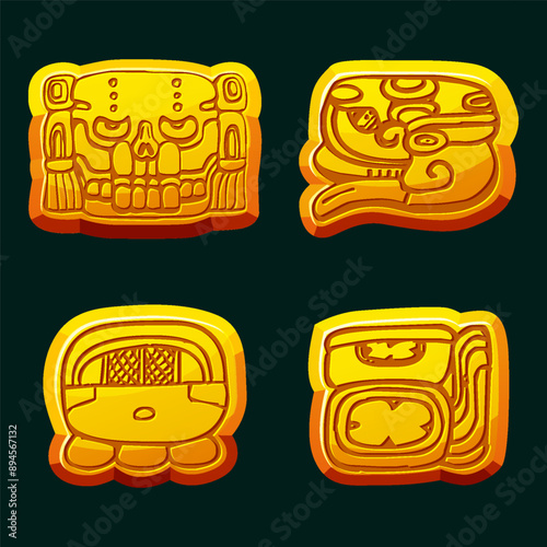 Aztec Maya civilization- Akbal, face, Mayan Glyph, hieroglyphs of the Maya calendar. Golden symbols for your 2D game or slots games photo