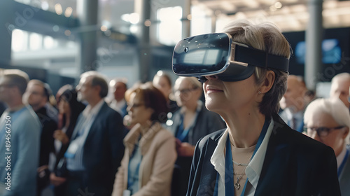 Vr experience senior business manager woman attend meeting wearing vr virtual goggle glasses standing in autitorium convention hall with crowd of business people background © john