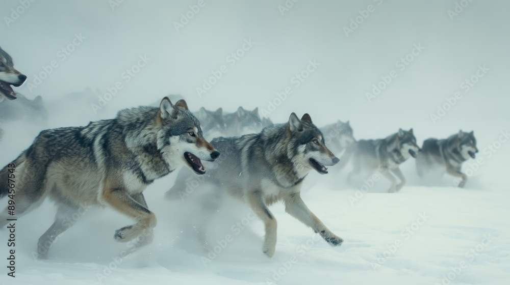Naklejka premium Pack of Wolves Running Through Snowy Landscape, Winter Wildlife, Nature Scene for Posters, Cards, and Print Design