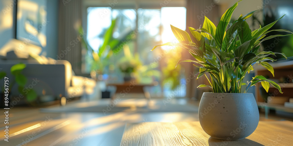 Fototapeta premium A vibrant indoor plant in a stylish pot, basking in sunlight inside a modern, cozy living room with large windows.