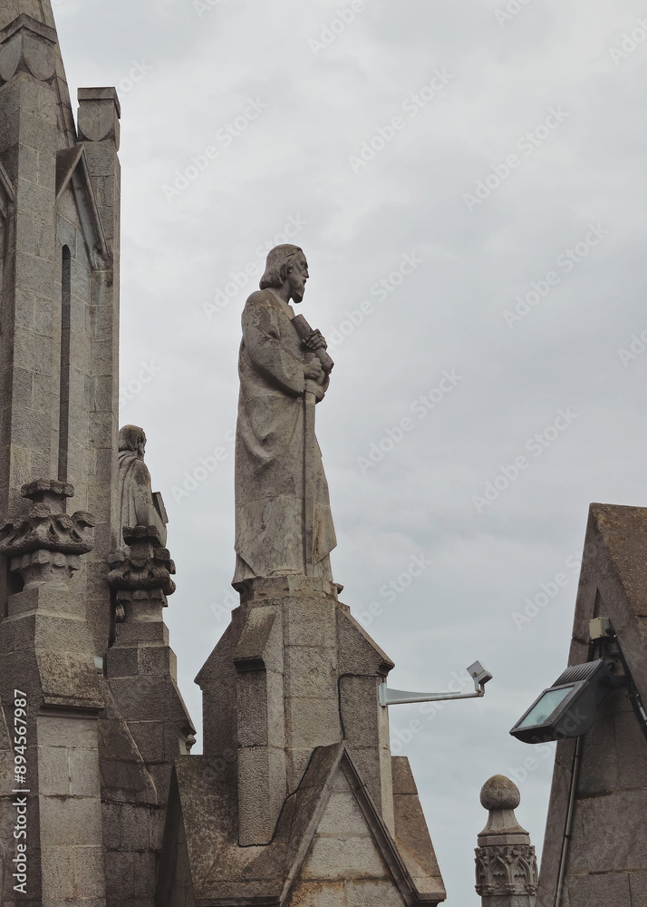 Fototapeta premium statue of st john the baptist looking into the distance at the city with a grey sky on the background