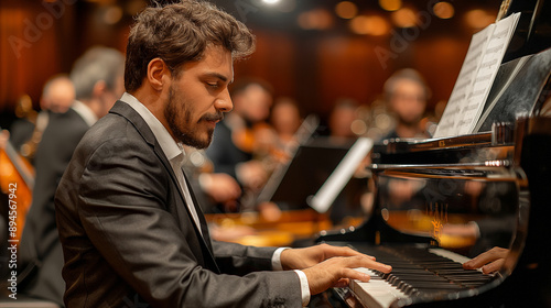 A telephoto angle photo of the pianist in a jazz band, fingers dancing over the keys with a focused expression, with soft club lighting and audience in the background, with copy sp © Наталья Евтехова