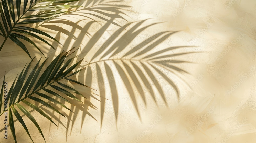 Fototapeta premium Palm leaf shadows on beige wall: aesthetic silhouette background