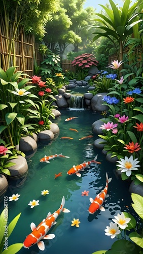 Beautiful koi fish swimming in a serene pond surrounded by lush greenery and vibrant flowers.