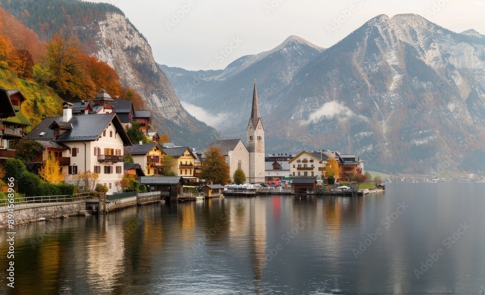 Fototapeta premium Lake Town at Sunset