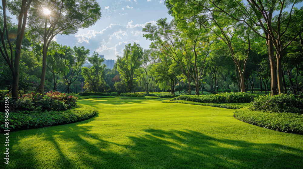 Fototapeta premium A serene park bathed in sunlight, featuring lush green grass and tall trees casting gentle shadows on a bright day.