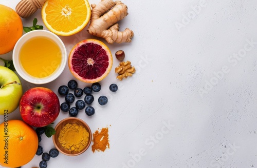 Citrus Fruit, Honey, Ginger, and Blueberries on White Background
