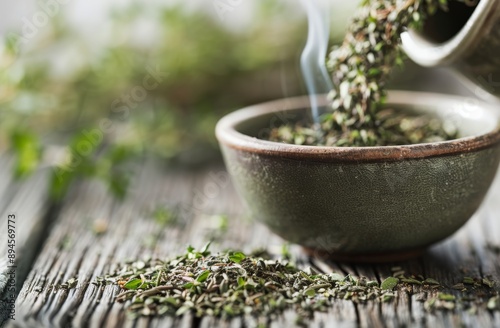 Dried Thyme Spilling From Mortar on Wooden Table