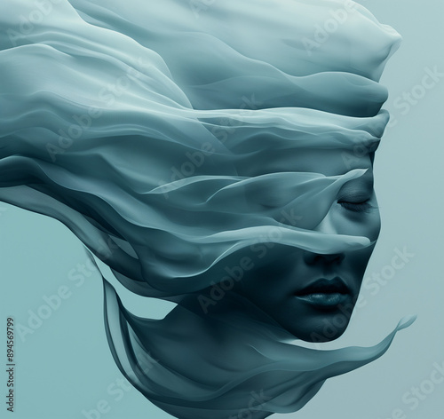 Enchanting Abstract Digital Art of a Woman's Face with Flowing Blue Textures and Soft Gradients