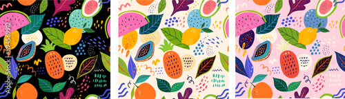 Seamless fresh summer patterns. Beautiful collection of seamless patterns with fruits: watermelon, pineapple, lemon, leaves