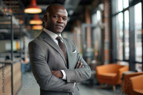 A businessman in a gray suit stands with arms crossed in a modern office setting