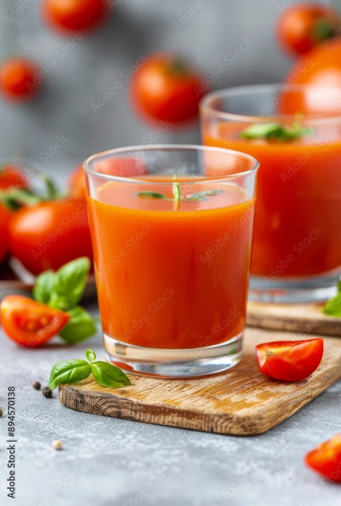 Glass of Tomato Juice With Basil and Tomatoes Glass of Tomato Juice With Basil and Tomatoes