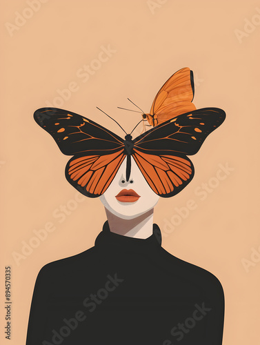minimalistic, cartoon, abstract, animation, woman with a head as a butterfly



